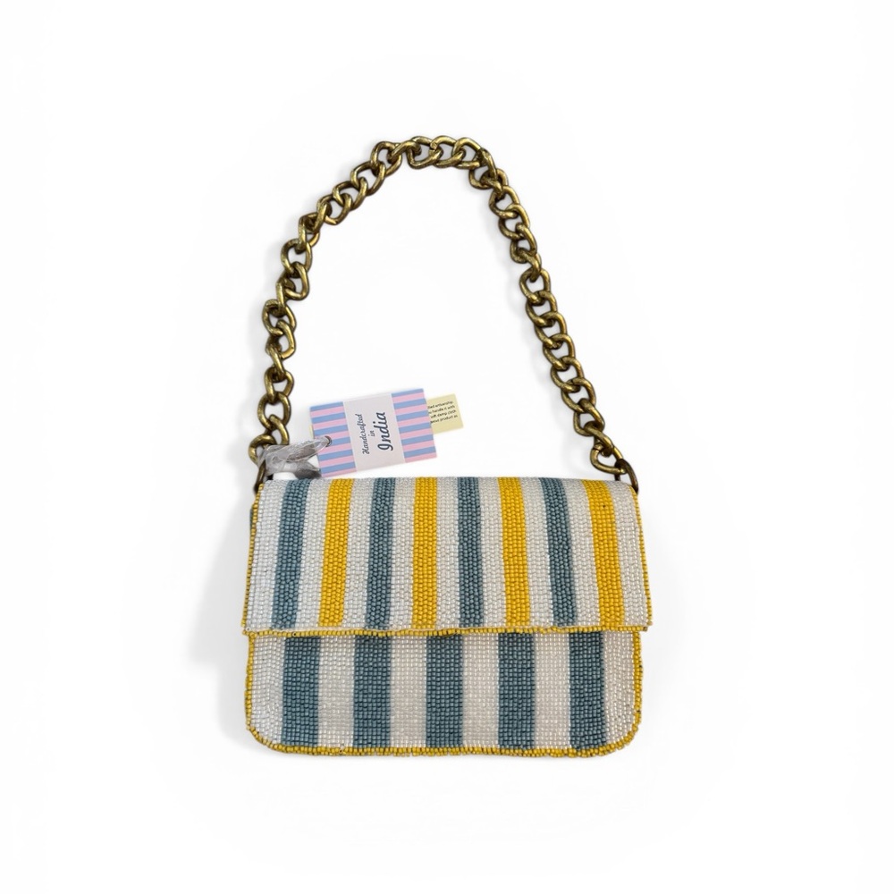Beaded Striped Shoulder Bag in Yellow, Teal & Cream